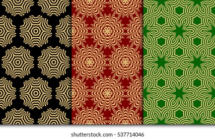modern floral geometric pattern set. Seamless vector illustration. for interior design, printing, wallpaper. gold on black, red, green