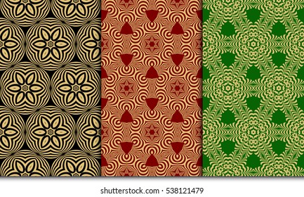 modern floral geometric pattern set. Seamless vector illustration. for interior design, printing, wallpaper. gold on black, red, green