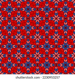 Modern floral geometry seamless vector tile pattern. Classic geometric patchwork sample ornament. Abstract flower repeating tiling fabric print. Mosaic wrapping arabesque bohemian motif