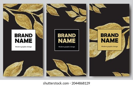 Modern floral gold and black luxury banner set. Trendy holiday art background with painted gold leaves on black background. Artistic  modern vector poster collection.