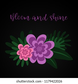 Modern Floral Greeting Card with Blooming flowers, botanical natural Illustration on a pink background. Black.