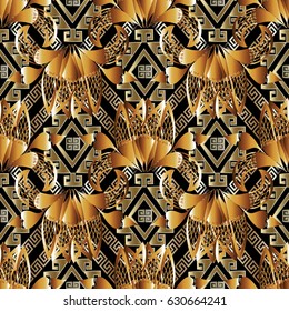 Modern floral hand drawn seamless pattern background wallpaper illustration with vintage gold 3d flowers and geometric shapes, figures, rhombus and greek key ornaments.