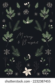 Modern Floral Holiday card with Christmas tree, flowers, ornate floral frame, background and copy space. Merry Christmas and Happy new year contemporary poster design. Universal artistic templates.