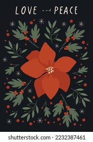 Modern Floral Holiday card with Christmas tree, flowers, ornate floral frame, background and copy space. Merry Christmas and Happy new year contemporary poster design. Universal artistic templates.