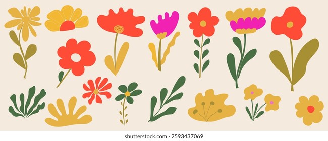 Modern floral illustration with a playful boho aesthetic. Flat, handdrawn flowers in vibrant earthy tones of orange, yellow, green, and pink. A minimalist, organic design perfect for stationery