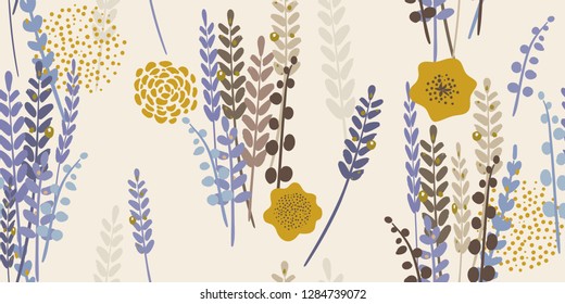 Modern Floral Lavender Pattern.  Lavender and spring flowers on a light background. Hand-drawn vector illustration. Seamless ornament for decor, wallpaper, gift paper, souvenir and patchwork design