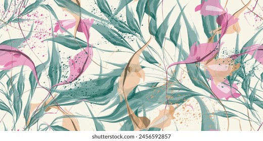 Modern floral leaf background with hand-drawn watercolor texture seamless pattern. Vector illustration