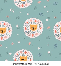 Moderno patrón floral de león sin soldadura. Fondo de moda con animales lindos y flores florecientes. Textura creativa floreciente. Excelente para tela y textil. Ilustración portadora infantil. 