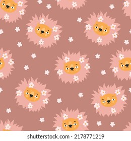 Modern floral lion seamless pattern. Trendy background