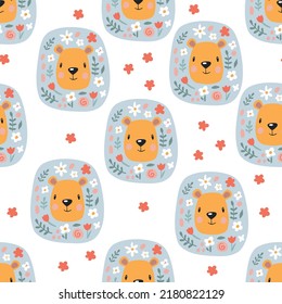 Modern floral lion seamless pattern. Trendy background