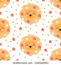 Modern floral lion seamless pattern. Trendy childish background