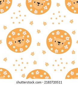 Modern floral lion seamless pattern. Trendy background with cute animal and blooming flowers. Creative blooming texture. Great for fabric, and textile. Childish vector illustration. 