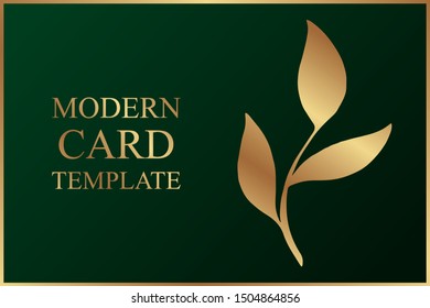 Modern floral luxury card template for poster or presentation with golden leaf on a dark green background.