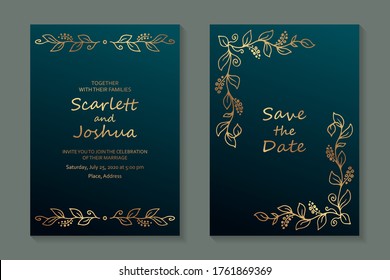 Modern floral luxury wedding invitation design or card templates for business or presentation or greeting with golden leaves and branches on a green background.