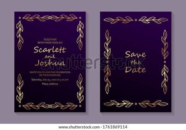 Modern floral luxury\
wedding invitation design or card templates for business or\
presentation or greeting with golden leaves and branches on a\
purple background.