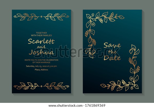 Modern floral luxury\
wedding invitation design or card templates for business or\
presentation or greeting with golden leaves and branches on a green\
background.
