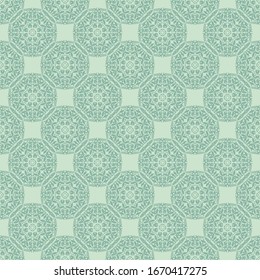 Modern floral mandala seamless pattern for tile, wallpaper, wrapping, textile, bags and bedsheet. Contemporary ethnic motif endless fabric. Geometric repeat texture on mint green color background.