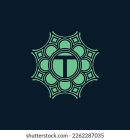 modern floral medal intial letter T alphabet circle emblem nature logo