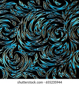 Modern floral  paisley seamless pattern. Black background wallpaper illustration with vintage hand drawn blue paisley flowers and luxury swirl curve ornaments. Vector texture for fabric, textile