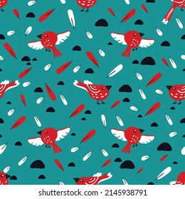 Modern floral pattern, flowers, feathers and birds in grreen and red colors. Seamless pattern. Modern design for paper, cover, fabric, decor, print. On an isolated white background pastel colors