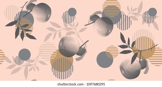 Modern floral pattern in a halftone style. Geometric shapes, apples and branches on a pink background.