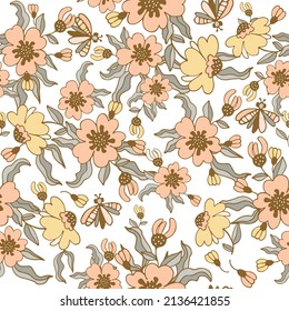 Modern floral pattern, large flowers, and butterflies. Seamless pattern. Modern design for paper, cover, fabric, decor, print. On an isolated white background pastel colors.