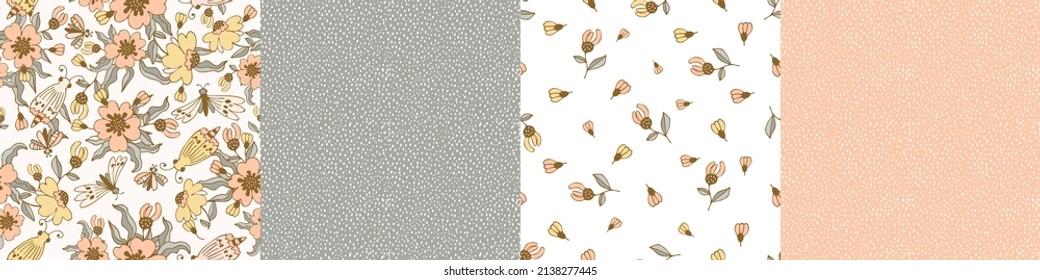 Patrón floral moderno, flores grandes y mariposas y pequeñas motas. Patrón sin soldadura 4 variantes
Diseño moderno para papel, cubierta, tela, decoración, impresión. Fondo de color beige pastel