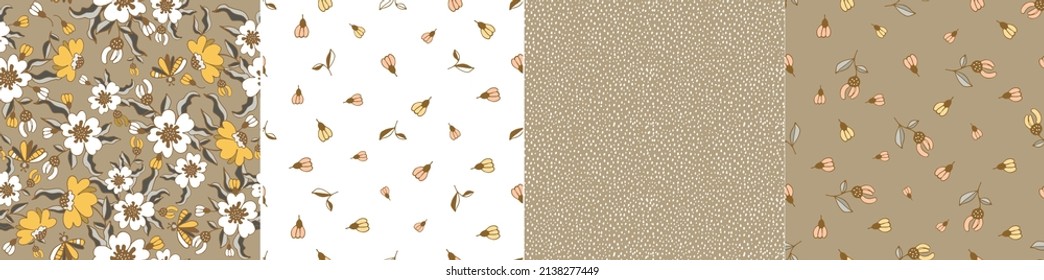 Modern floral pattern, large flowers and butterflies and small specks. Seamless pattern set 4 variants
Modern design for paper, cover, fabric, decor, print. Pastel beige background