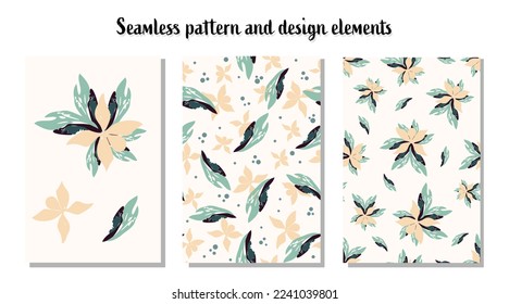 Modern floral pattern, large flowers and butterflies and small specks. Seamless pattern set. Modern design for paper, cover, fabric, decor, print. Pastel beige background