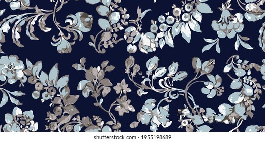 Modern Floral pattern on navy background. Watercolor print. Seamless texture. Elegant template for fashion prints. Printing with in hand drawn style