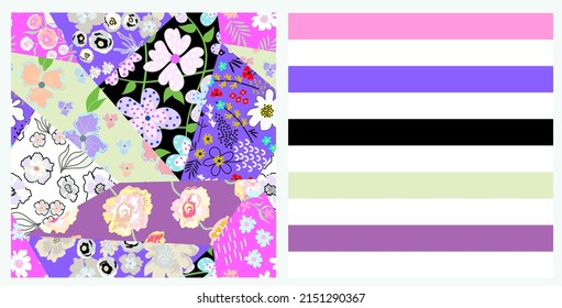 Modern floral pattern of patchwork and striped background. Seamless templates created in colors and shapes that complement each other. For home design, fabric print, wrapping. Vector illustration.