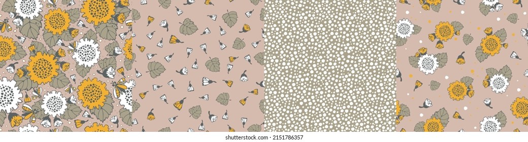 Moderner Blumenmuster-Set, große Sonnenblumen, Laub- und Schmetterlinge, Polka-Punktmuster, kleine Flecken, Blumen, Motten. Nahtlose Mustereinstellung. Modernes Design für Papier, Deckel, Stoff, Dekoration