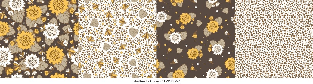 Modern floral pattern set, large sunflower flowers, foliage and butterflies, polka dot pattern, small spots, inflorescences, moths. Seamless pattern set. Modern design for paper, cover, fabric, decor