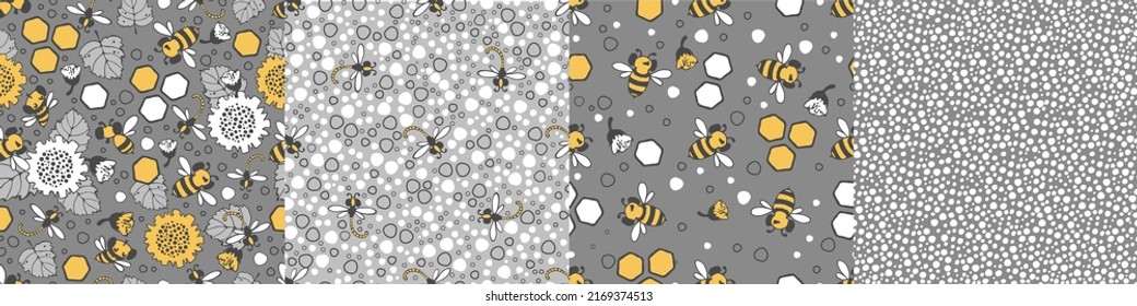 Modern floral pattern set with large sunflower flowers, bees and dragonflies, small buds on a branch, varied foliage. Bitmap, small spots. Modern design for paper, cover, fabric, decor, print