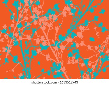 Modern floral pattern. Silhouette of spring flowering cherry branches on an orange background. Vector illustration
