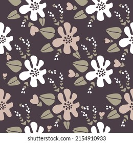 Modern floral pattern vector pattern, big flowers and small flowers in pink and white, dragonflies, bees on brown background. Seamless pattern set in a minimalist style. Modern design for paper, texti