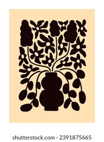 Modern floral poster. Abstract botanical card with flowers in vase. Blooms silhouette, shade, natural wall art. Blossomed bunch, spring postcard in contemporary style. Flat vector illustration