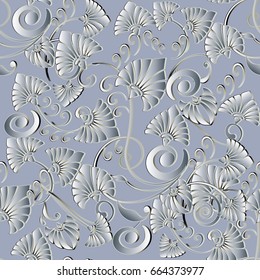 Modern floral seamless pattern. Abstract light vector background wallpaper illustration with  white greek 3d flowers, swirl curve spiral line art tracery leaves and  vintage floral greek ornaments. 
