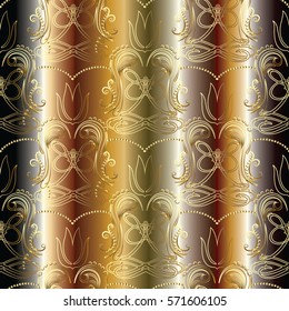Modern floral seamless pattern background wallpaper illustration with vintage  beautiful  3d gold  line art flowers leaves and luxury antique ornaments in Victorian style.Stylish drapery texture