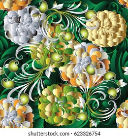 Modern floral seamless pattern background wallpaper illustration with vintage hand drawn 3d flowers, swirl leaves, paisley ornaments. Vector surface  floral pattern texture for prints, fabric, textile