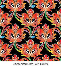 Modern floral seamless pattern background wallpaper illustration with vintage colorful bright traditional russian floral ornaments. Vector russian flowers pattern texture with swirl leaves 