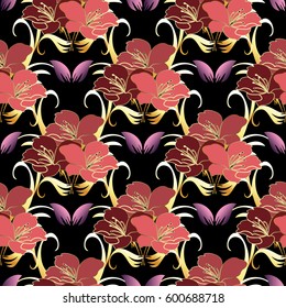 Modern floral seamless pattern. Black background wallpaper illustration with colorful  flowers, swirl  leaves and stylish flourish ornaments.Luxury vector texture for fabrics, textile