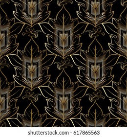 Modern floral seamless pattern. Black abstract  background wallpaper illustration with 3d gold geometrical shapes, figures,  line art flowers, leaves and vintage ornaments. Vector  texture
