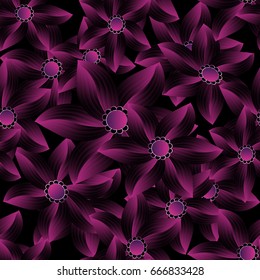 Modern floral seamless pattern. Black background wallpaper illustration with purple violet 3d flowers and surface luxury ornaments. Vector elegant purple 3d texture for fabric, textile, prints.