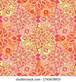 Patrón floral moderno sin fisuras en colores positivos de verano brillantes. Ornamento de flores fluidas de medallón de Mandala. Patrón tropical floral sin soldadura. Diseño de álbumes de Kaleidoscope. Motivos indios.