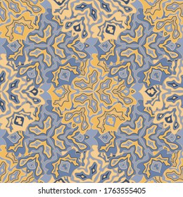 Modernes, nahtloses Blumenmuster in hellen Sommerfarben. Mandala medallion flüssige Blumen verziert. Tropisches, nahtloses Muster mit Blumen. Psychedelisches Flickwerk-Design. Orientalische Motive.