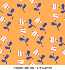 Modern floral seamless pattern. Bright orange background with flowers. All elements are isolated. Perfect for wrap, textile, wallpaper.