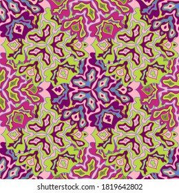 Modern floral seamless pattern in bright summer positive colors. Mandala medallion fluid flowers ornament. Organic floral seamless pattern. Doodle blossom design. Tribal motifs.