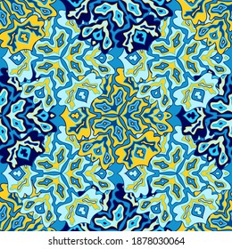 Modern floral seamless pattern in bright summer positive colors. Mandala medallion fluid leaves ornament. Tropical floral seamless pattern. Psychedelic patchwork design. Indian motifs.