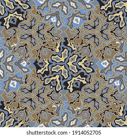 Modern floral seamless pattern in bright summer positive colors. Mandala medallion fluid petals ornament. Exotic floral seamless pattern. Kaleidoscope scrapbook design. Oriental motifs.